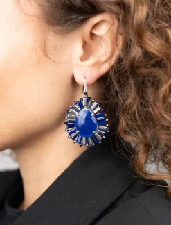 Blauwe Zilverkleurige Oorbellen Ovaal Met Steen S