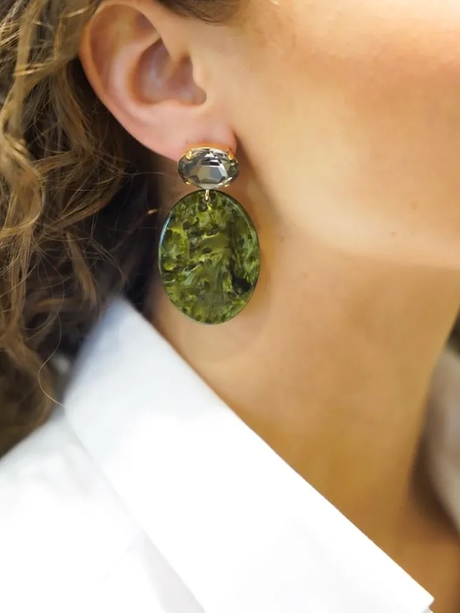 Marble Donker Groen Oorbellen Celia Ovaal S Strass Diamond