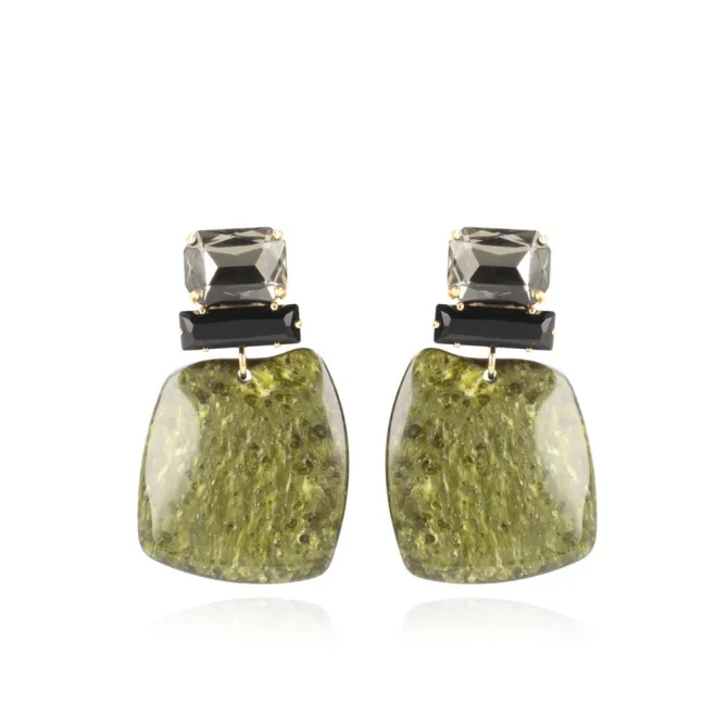 Marble Donker Groen Oorbellen Square Rock Strass Zwart