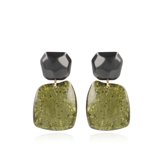 Marble Donker Groen Oorbellen Square Rock Combi Zwart