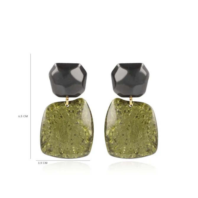 Marble Donker Groen Oorbellen Square Rock Combi Zwart
