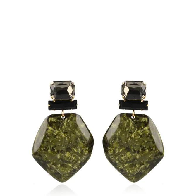 Marble Donker Groen Oorbellen Asymmetrisch Rock Xl Strass Zwart
