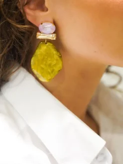 Marble Mosterd Oorbellen Asymmetrisch Rock L Strass Roze