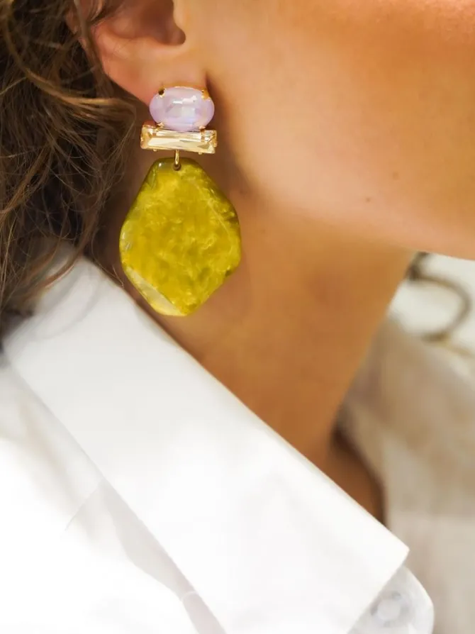 Marble Mosterd Oorbellen Asymmetrisch Rock L Strass Roze