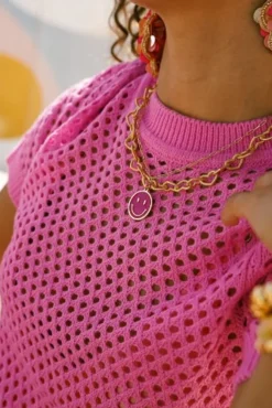 Smiley Ketting Emaille Fuchsia