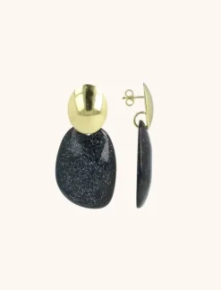 Zwarte Glitter Oorbellen Little Sara Asymetrisch Ovaal S