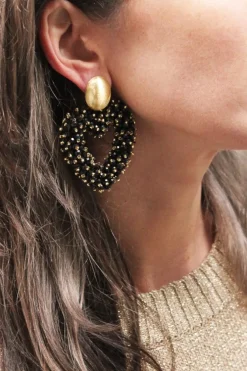 Zwarte Oorbellen Valentina Hart Brushed Oval Double Stones